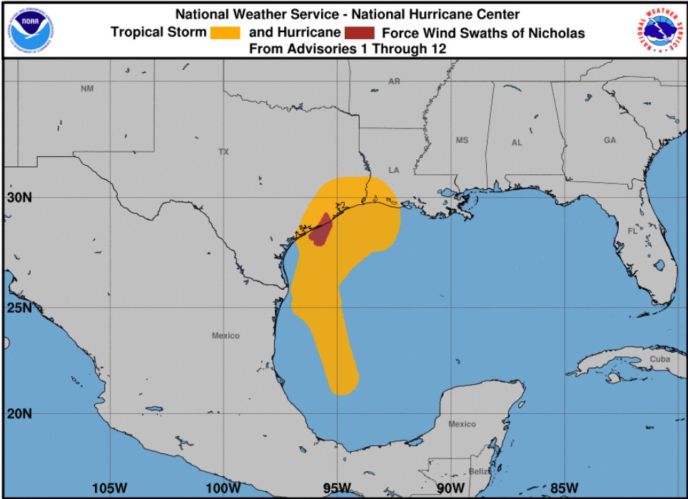National Hurricane Center Nicholas wind swath map