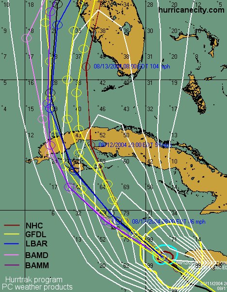 NHC track and forecast models for Hurricane Charley  48 hours before landfall