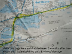 Many buildings here uninhabited even 6 months after Ivan. Yellow path indicated drive path and viewed damage