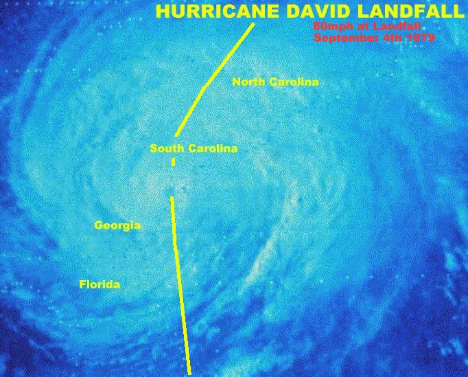 Satellite image of Hurricane David on September 4, 1979. 80mph at landfall.
